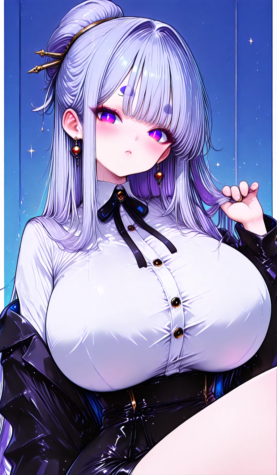 (cover page:1.2), cover,
1girl, fashi-girl, bangs, black gloves, black choker, collarbone, earrings, finger to mouth, fingerless gloves, grey hair, index finger raised, jacket, jewelry, red lips, lipstick, long hair, looking at viewer, makeup, nail polish, parted lips, ponytail, portrait, smile, purple eyes, purple nails, shushing, solo,[[realistic]],(shiny skin),(masterpiece:1.4),(best quality:1.4),gigantic breasts,red lips
,, <lora:av_cover_v1.0:0.6>,<lora:fashionGirl_v45:0.6>