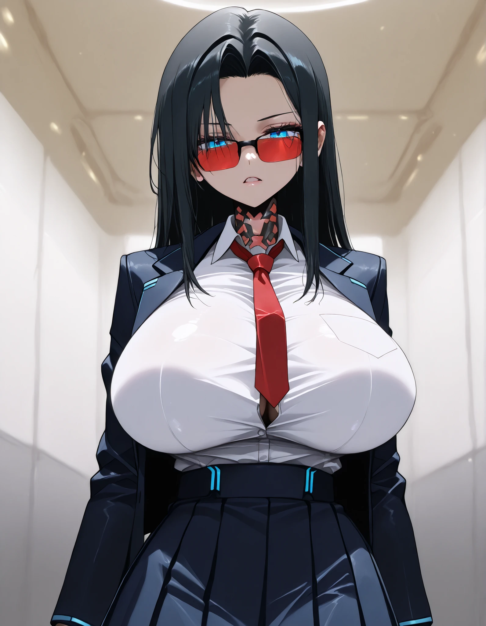 blue eyes、(dark haired、glasses) 、((school uniform、cyberpunk style、Armor、extremely large breasts))、Anime Style、High Definition、high quality、1girl、sexy、NSFW、cowboy shot