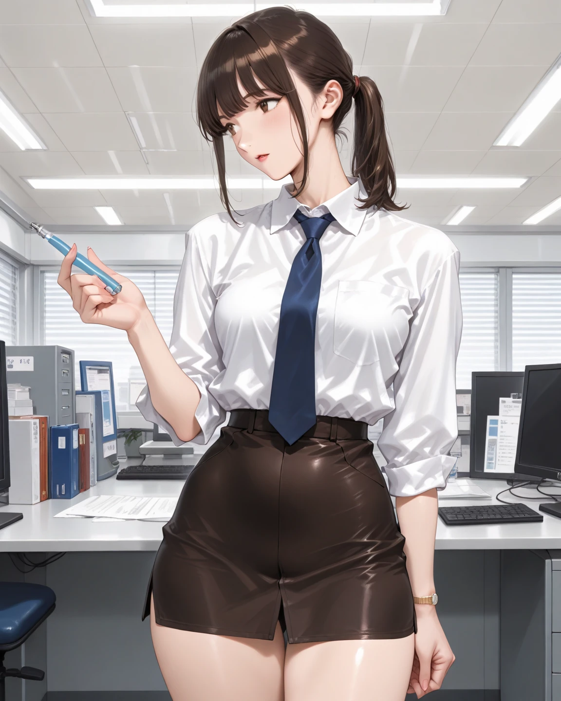 masterpiece, best quality, ultra-detailed, illustration, epic lighting, cinematic composition, isometric, 1girl, solo, cute, brown eyes, black hair, swept bangs, single sidelock, red hairclip, white collared shirt, black necktie, black pants, formal, enchanting gaze, captivating pose, indoors, office, door, opening door, looking at viewer, peeking out upper body, blush, seductive smile, closed mouth,(8k:1.1),