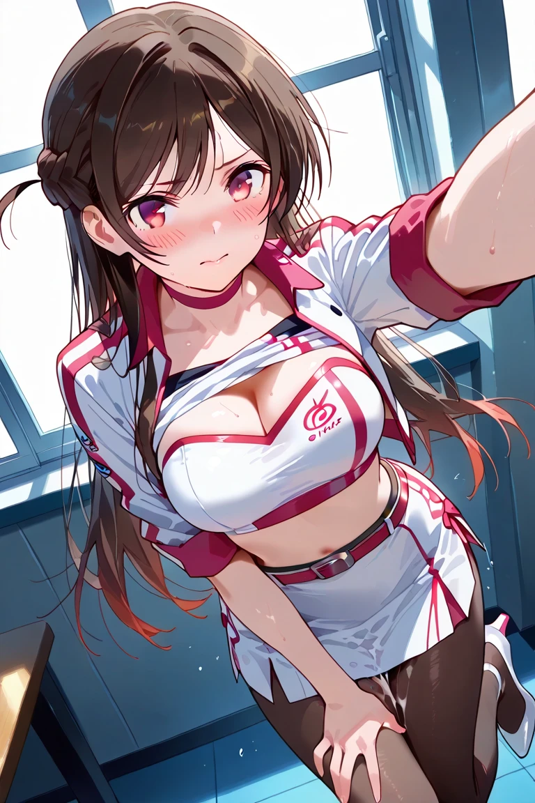 18 year old girl,baby face,dark red hair,Ponytail hairstyle,Zhangzui smile,Huge breasts,Cleavage,Transparent red sleeveless top,Leave space in the middle to reveal Cleavage,Soaked all over,blush,Red eyes,female spy,red miniskirt,White gloves,White hand sleeves,White boots,Science fiction,future,Inside the robot warehouse,robot driver,He has a pistol hanging from his waist,lipstick,Nipple showing,Metal belt around waist