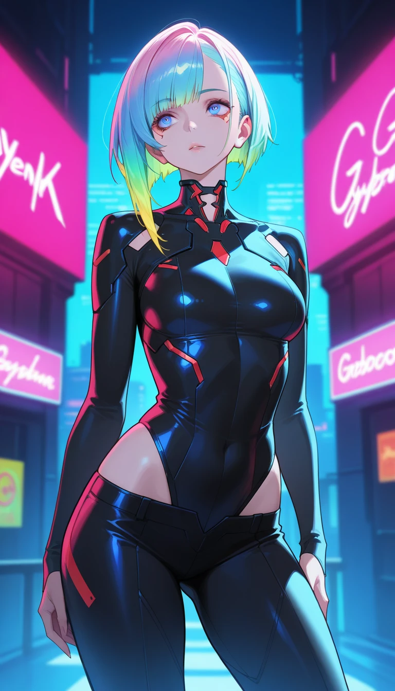 (mechanical parts:1.5),fighting , glowing eyes, short hair, tight supersuit, in a futuristic city, lights and neon, glowing neon lines, lovely pose, cute view