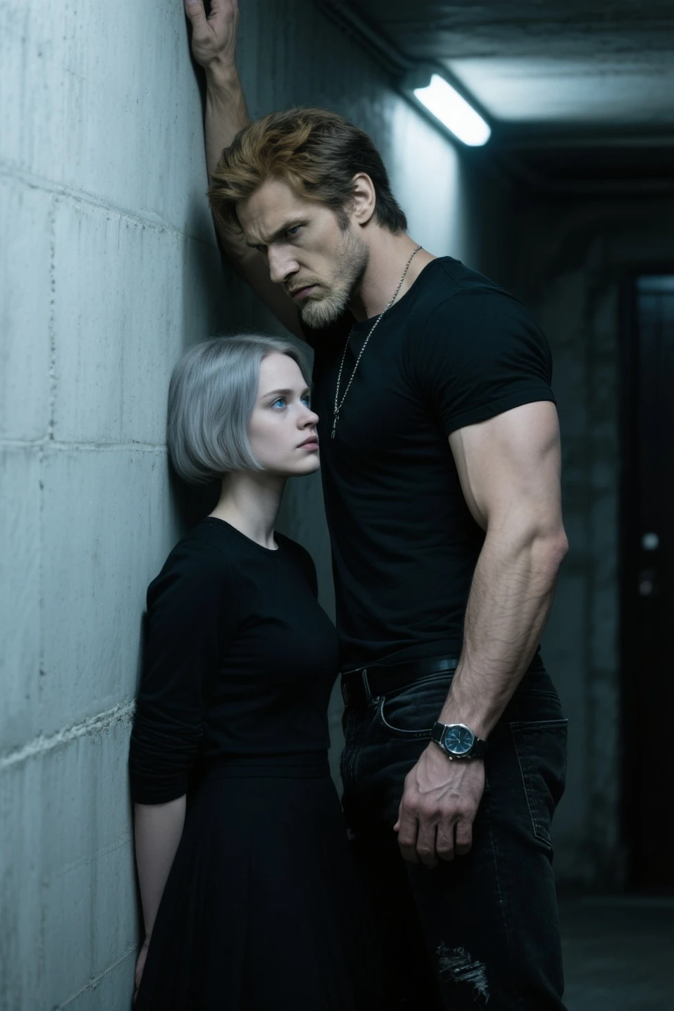 Red-haired Norwegian woman, fighting with dark brown-haired Norwegian man, in front of her house, cinematic, realistic image