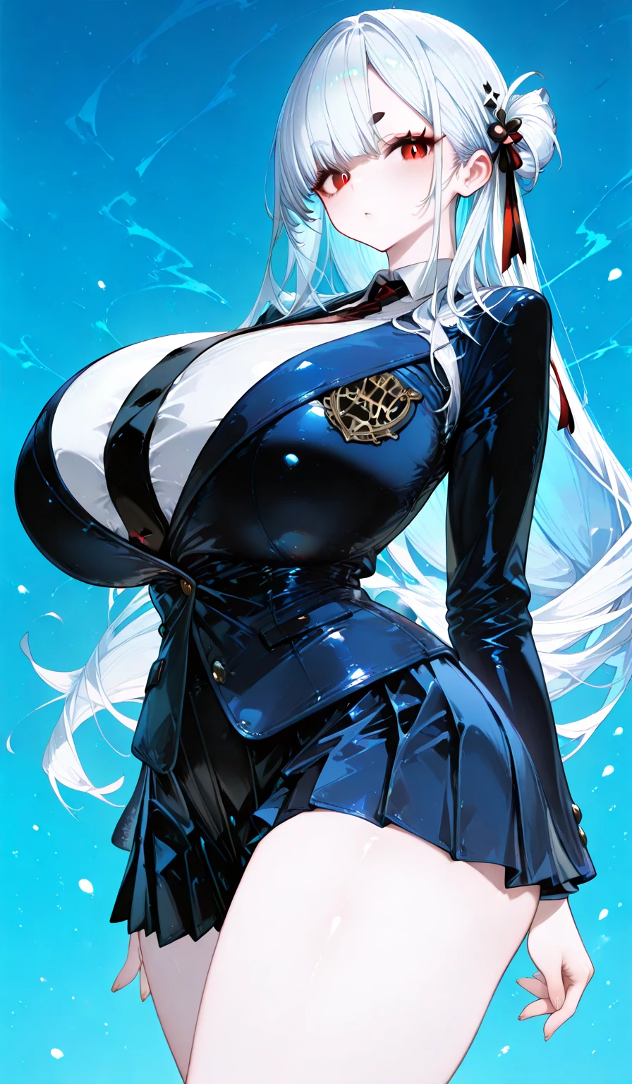 Sans Undertale Blue Jacket ,Fire eyes skull smile white long hair glowing snow sexy big breasts breast enlargement full-body shot