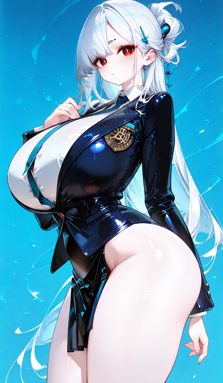 masterpiece, best quality, mature woman, white hair with green color inner, green eyes color, blue and white military uniform, mature_female, eyes glasses , white gloves, anime, blue military hat, very_long_hair, perfect body, commander, science_fiction, black knee-high boots, Side slit white skirt, cowboy_shot , large_breasts, ultra-detailed, high quality, british military dress uniform, sci-fi, dark blue Trench Coat, 1girl, 4k, military base ,perfect hands, full body, great details, beautiful anime illustrations, 26 years old, red ribbon bow tie, white stockings, (((correct anatomy:1.5))), ((perfect hand:1.5, Ideal body proportions:1.37)), Good realistic skin:1.1, look at the audience:1.3, (Dynamic angle:1.3, Focus Target:1.3), (Many poses:0.0, sexy pose:1.3,), (charming, Smile sexy too.:1.4), The picture in the middle:0.2, ((milf:1.5, alone:1.5)), full body, great details, beautiful anime illustrations, 26 years old