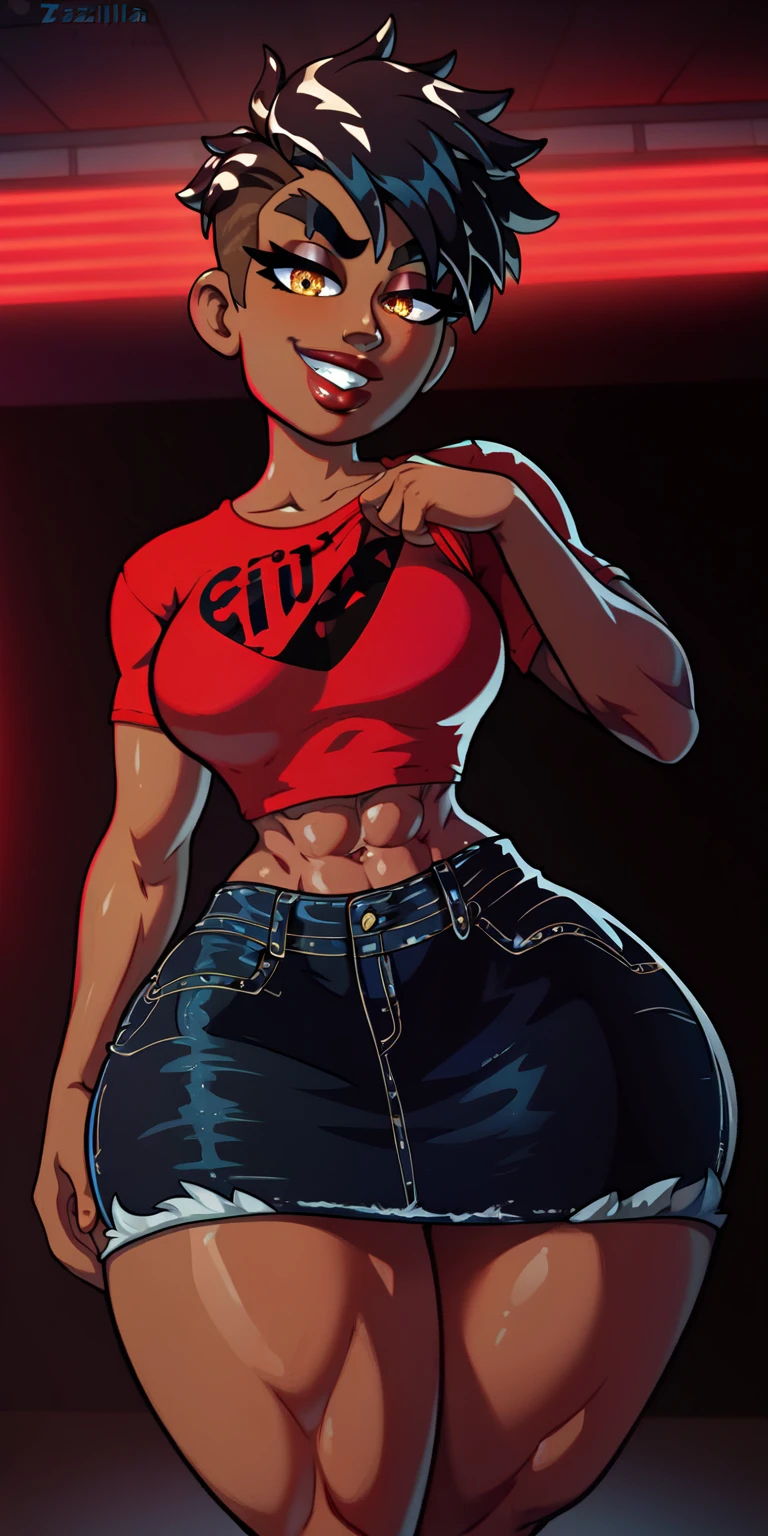 Female 18 years old, piel negra, delgada, tiny breast, Double bun hairstyle, Pelo rojo, Beautiful, ojos grandes, mirada abierta, labios carnosos, labios rosados, blacked underwear, Abs, muslos pegajosos, , sexy, brazos ARRIBA, tacones altos, cuerpo completo,  Visor de cara, cerrar, detallado, Cintura delgada, sentarse en cuclillas
