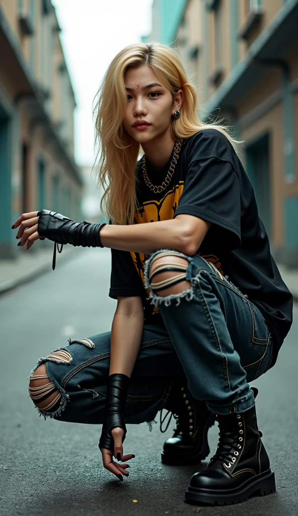 25-year-old Caucasian woman、platinum-blonde、blue eyess、Longhaire、My hair is wavy、accessories on the wrist、wearing a choker、Shiny肌、a smile、The navel is out、huge tit、My abs are cracked、slim muscular body、I don't want my head to disappear from the screen.、I'm in a back alley in the downtown area、wearing a hoodie and covering the hood、Look at me while hiding your face with the hood、I'm wearing leggings、squatting、Facing to the side、I'm punching my chest、Shiny