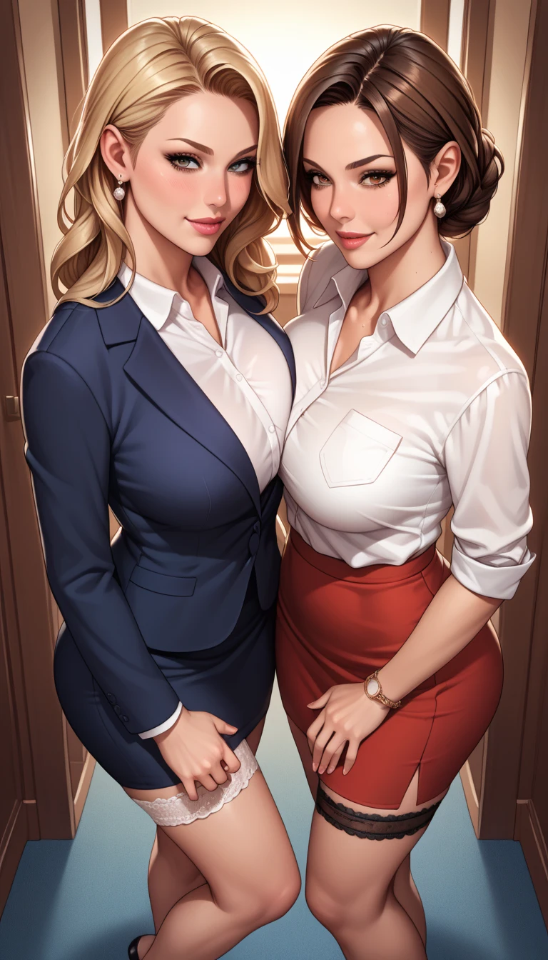 2girls, woman in red dress, woman in business suit, cleavage, lesbian