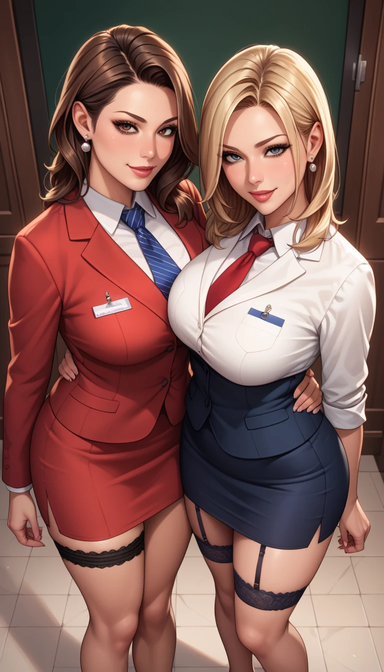 two sexy bubbly and cheerful women in office outfits holding small boy with blonde hair between their boobs, women have various hair colors, flirtatious smile,women looking at boy