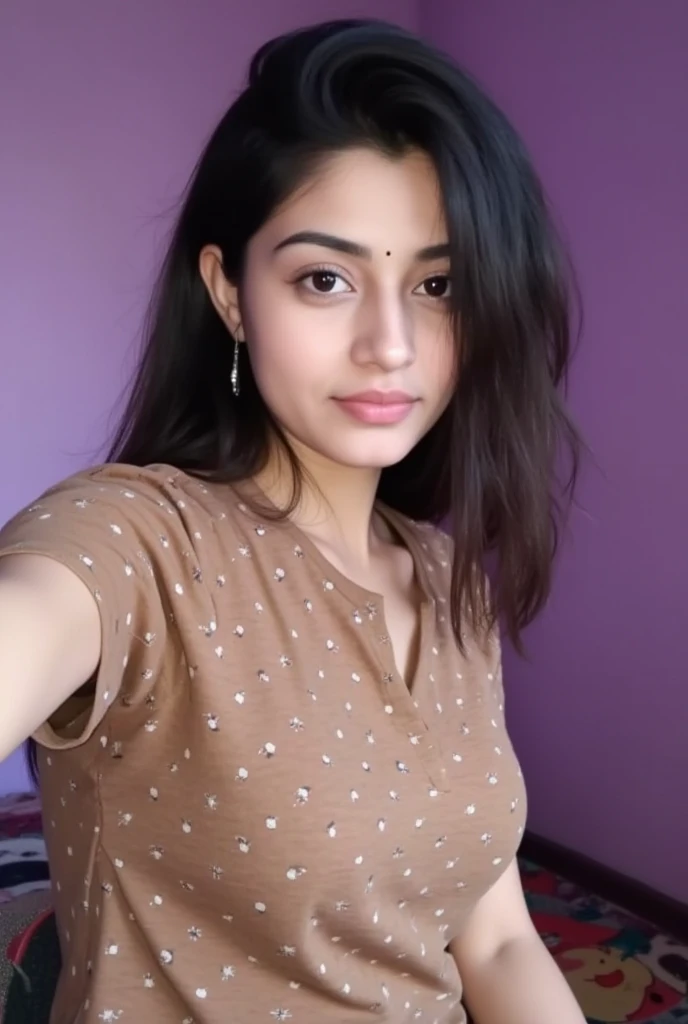 Trisha, face ,trisha krishnan,trks woman, (half body closeup),Best quality, ultrarealistic, ultra high resolution, 25 year old woman, average size, (((big cheeks, longer face))), fleshy , bedroom, selfie,(( beautiful fleshy face)), ((( ultrarealistic))), sweatshirt