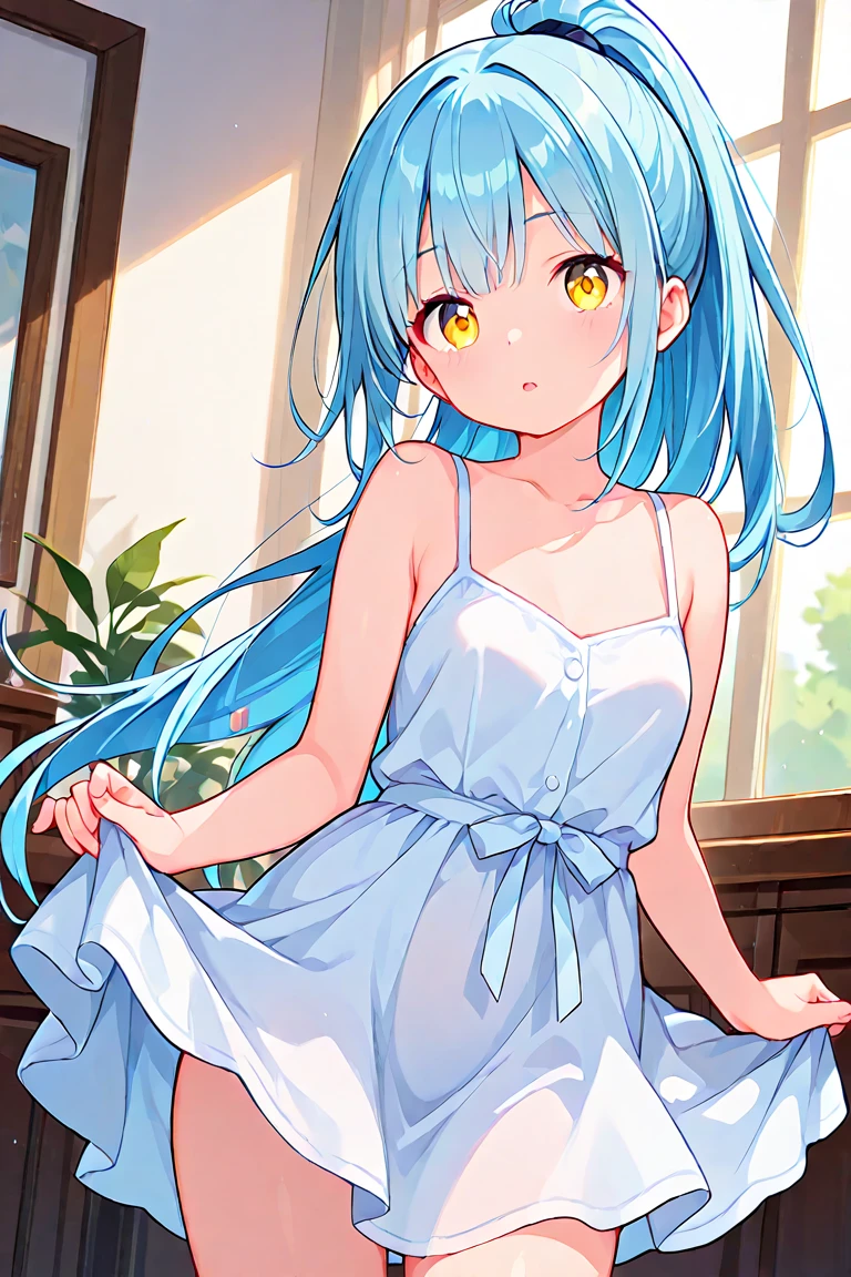 (ultra-intricate pupil in eyes, shiny eyes), long eyelashes, double eyelids, parted lips, kawaii, cute, , slender, (ultra delicate and beautiful skin), , perfect anatomy, dynamic angle, BREAK (masterpiece, best quality), (ultra-detailed 8K), (perfect design), absurdres, highres, ((blush)), (super fine illustration), ((light blue long hair))), 10 years old, long hair ((blush)), masterpiece, best quality, (amazing,blunt bangs), 1 girl, (((wet))), white room, indoor,(masterpiece),(top-quality:1.2),1girl in,(masuter piece:1.3),exquisitedetails, Highest quality 8K resolution,Vibrant colors, With warm and gentle lighting,(Kneel on the ground and apologize:1.7),(salat:1.7),(From Side:1.5),(Looking at Viewer:1.5),(crying how bright:1.4),(Smooth straight hair:1.2),(Hair parted in the middle:1.3),White skin, hair clips,Small necklace,Summer morning, SMALL BREASTS,