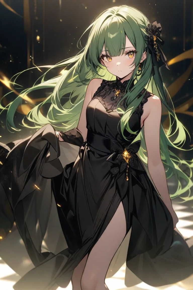masterpiece, best quality, ultra-detailed, beautiful, medium hair, hair between eyes, green hair, side ponytail, purple eyes, black choker, collarbone, sleeveless, black dress,sleeveless dress, halterneck,pleated skirt, black gloves,belt,black footwear, 1girl,solo, beautiful detailed eyes,looking at viewer, from front, standing, full body,toe, smirk face,simple background, white background,