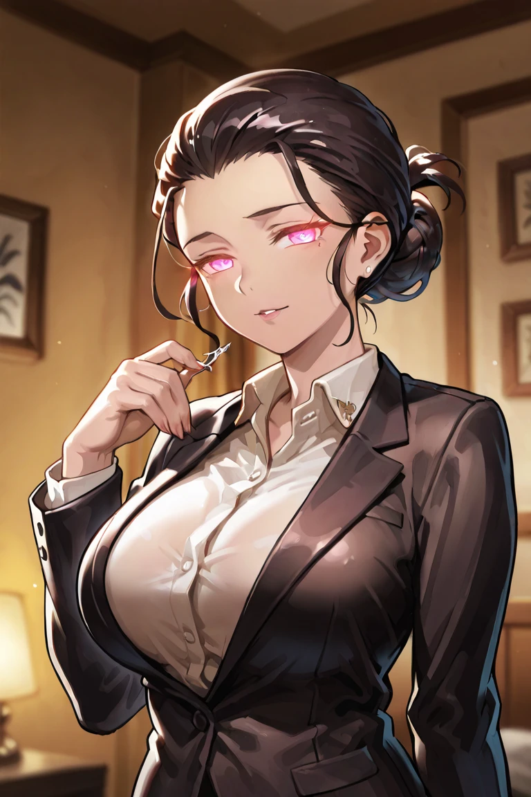 a man with black hair, red eyes, wearing a business suit, standing in an office, professional, realistic, photorealistic, hyper detailed, 8k, best quality, intricate details, cinematic lighting, dramatic shadows, dynamic pose, serious expression, detailed facial features, chiseled jawline, sharp focus, physically-based rendering, vivid colors
