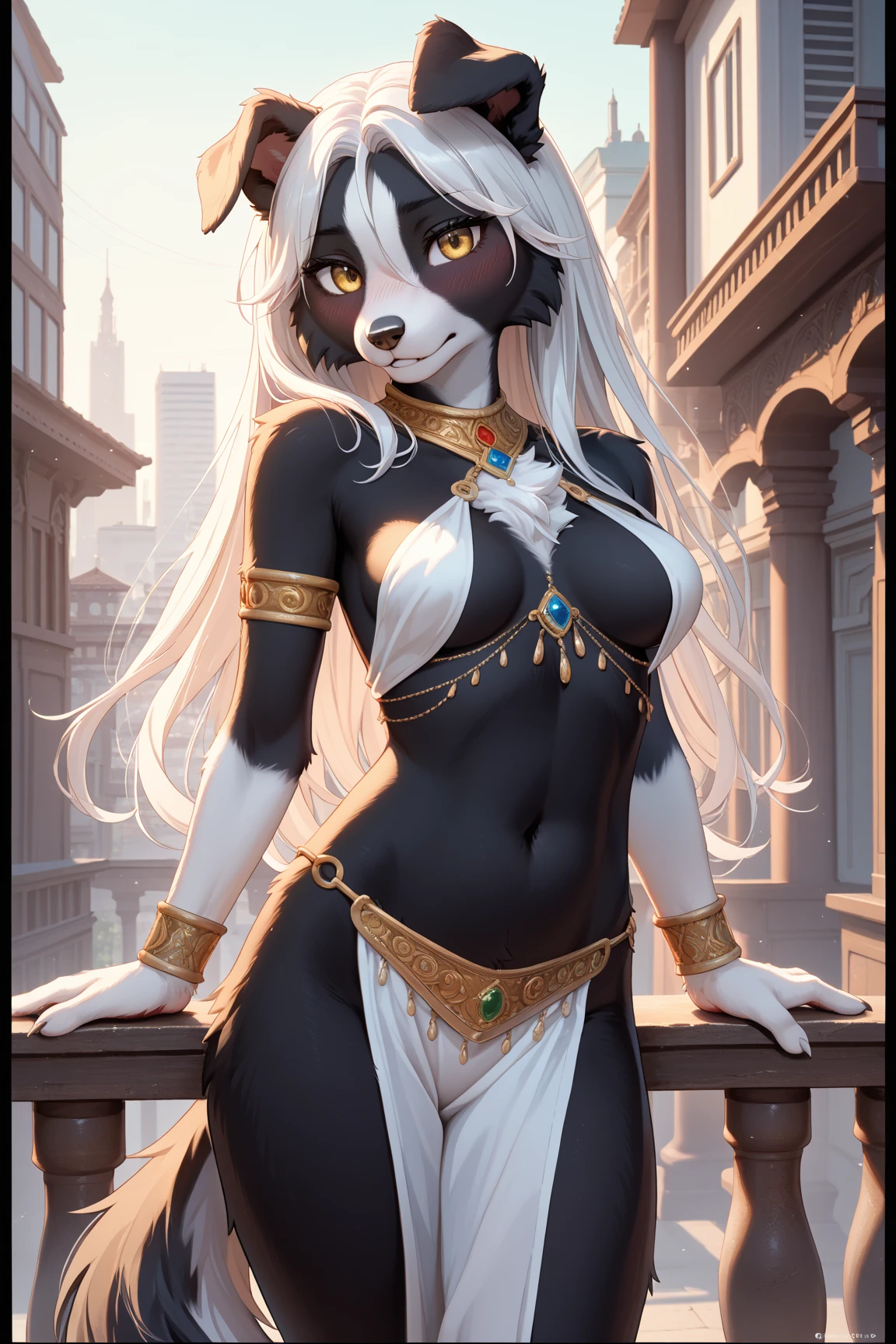 ((best quality, masterpiece, perfect anatomy, detailed picture)), furry, 1female, pantherine, two tone fur, black body, grey fur, sexy, long white hair, ponytail hair, fluffy feline tail, yellow sclera, tribal tattoo, ear rings, red blushing, shy, in the ruins, portrait, illustration, golden necklage add_detail:1 ,golden bracelet add_detail:1, golden navel piercing add_detail:1, sit on sand sensual pose add_detail:4