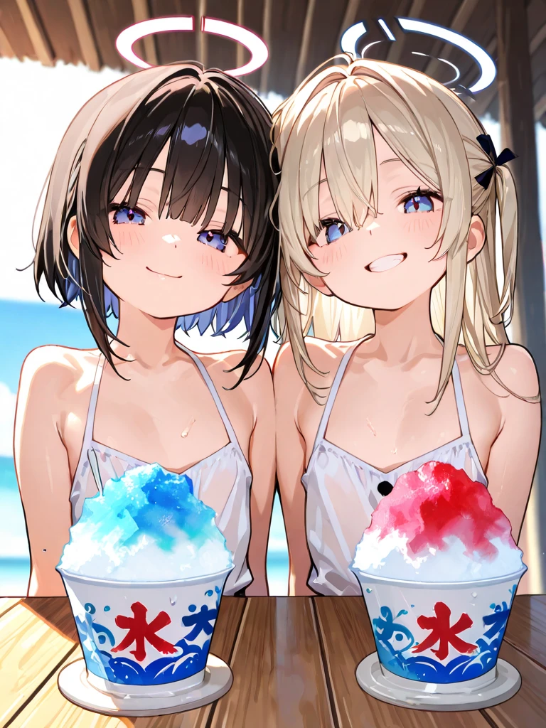 A beautiful anime girl with white hair, wearing a sexy white bikini and a revealing thong, on a beach and eating an ice cream on a sunny summer day, photographed from a low camera angle thigh up, stunning landscape