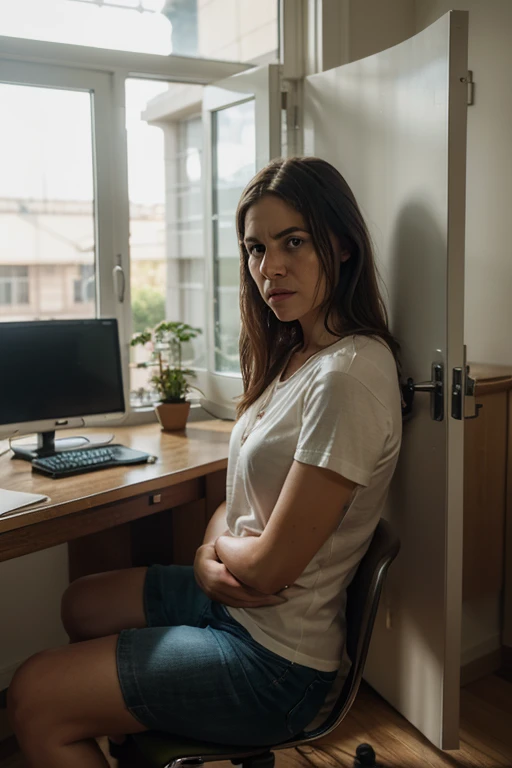 Illustrate a lawyer sitting at their desk, nervously staring at their laptop while furrowing their brow and gesturing with concern. Add details like sweat on the forehead, gestures of frustration, and a computer screen displaying an error message. The office environment can include shelves filled with law books and a window showing an urban landscape, emphasizing the atmosphere of tension and concentration