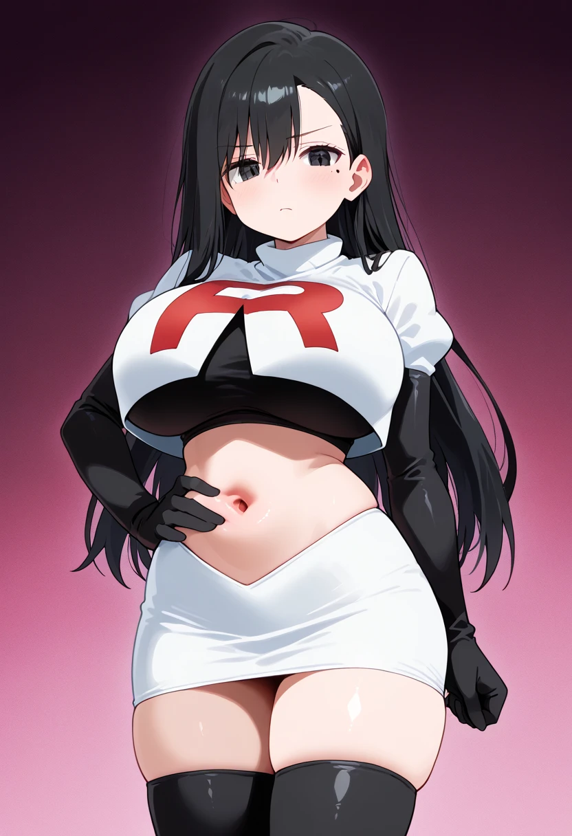(official art),
1girl, solo, standing, cowboy shot, looking at viewer, 
(asymmetrical horns), horns, demon horns, red eyes, slit pupils, mole under eye, black hair, blue hair, two-tone hair, long hair, [hair ornament], large breasts, wide hips,
team rocket,team rocket uniform, red letter R, white skirt,white crop top,black thigh-highs,black elbow gloves