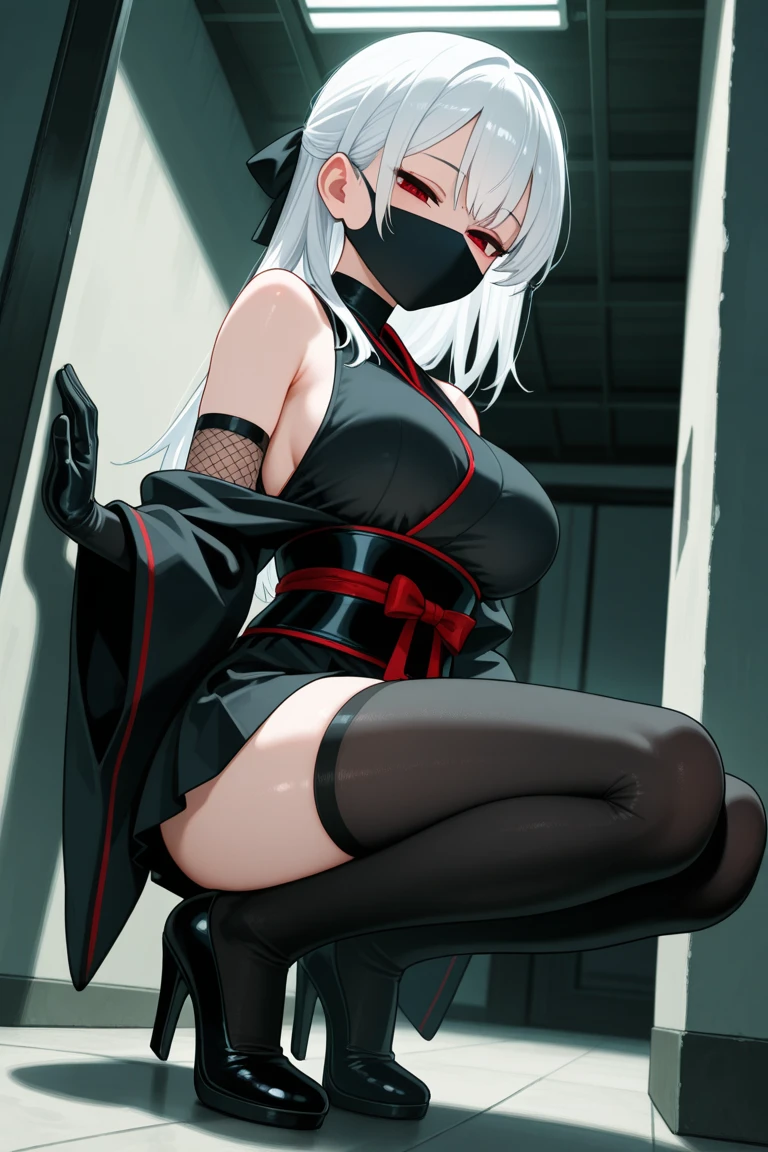 Captive, ninja, ponytail, black mask, big breasts, torn clothes, no panties, no bra, restrained, rope