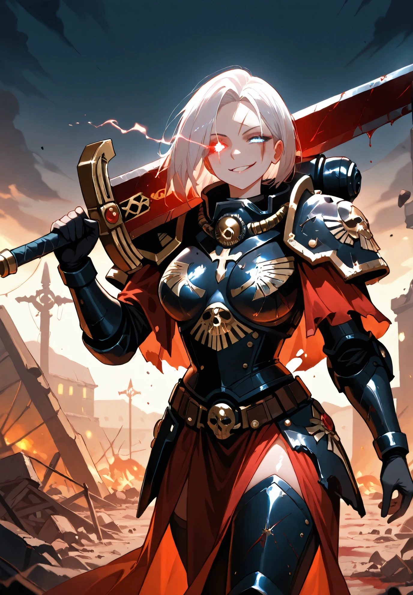 1girl,solo,sister of battle, warhammer 40000 universe,adepta sororitas,smirk, crazed eyes, (glowing eye trail:1.2), face scar,blood splatter,wearing a bulky ornate black armor, intricate details on armor,damaged armor,white hair,holding a greatsword over her shoulder,destroyed village,rubble, at night,BREAK,night time,cinematic lighting,masterpiece,top quality,warm color,high resolution,high fashion,absurdres extremely,vivid colors,intricate details,best quality,amazing quality,very aesthetic,newest,ultra-detailed,