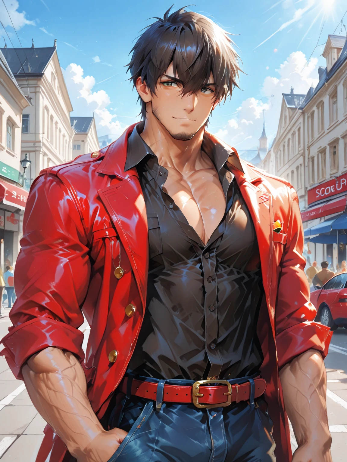 Dark boy,with short red hair,Determined eyes,Toned body type,cinmatic lighting, King of Fighters game characters,Yagami-an, man, Male_focal point, outdoors, symmetric body, Candid camera, Cinematic lighting, The upper body is undressed,Toned muscle lines,body complet,High contrast, art stations, concept art of character, 8K, simplebackground, A scar on one eye,long white pants,