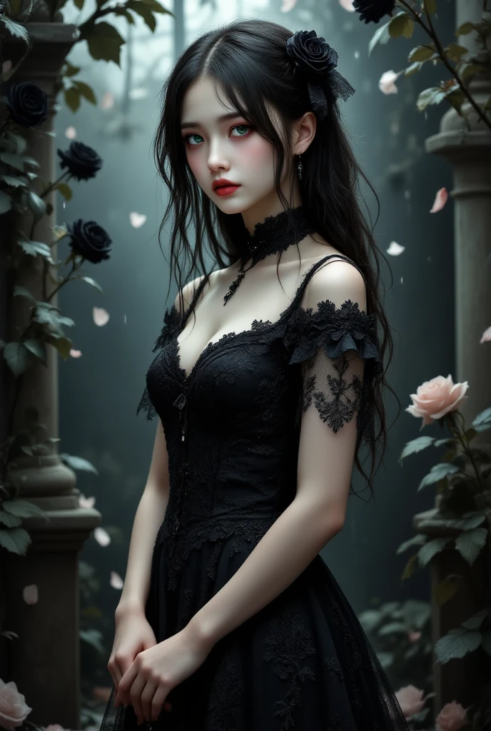 highest quality、masterpiece、8k、Award-winning works、Hyperrealism、Vampire Princess、、Photographing faces with beautiful composition、The most detailed and beautiful face、Cold look、look at me、Long eyelashes、Creepy Makeup、Black lipstick、purple eye shadow、Beautiful glossy lips、Top quality ultra HD skins、The most detailed eyes、High quality black camisole、Pitch black background、dark、Beautiful long hair、(Glowing Eyes、Sharp Fangs、Bloody mouth)、(((Mid Shot 1.5)))、Backlight、(((Close your eyes 1.5)))masterpiece, best quality, 1girl, (colorful),(finely detailed beautiful eyes and detailed face),cinematic lighting, bust shot, extremely detailed CG unity 8k wallpaper, white hair, solo, smile, intricate skirt,((flying petal)),(Flowery meadow) sky, cloudy sky, building, moonlight, moon, night, (dark theme:1.3), light, fantasy