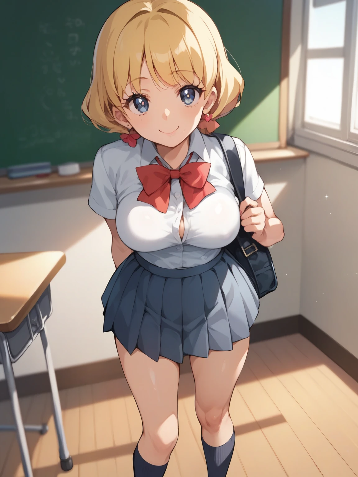 (big breasts:1.5),shiny,hair,((alone)),((masterpiece)),((highest quality)),perfect anatomy,slim waist,perfect image,8K UHD,(beautiful and fine eyes:1.3),highly detailed face,Are standing,(Upper body:1.1),(look ahead:1.1),back arm,super detailed,disorganized,High resolution,blonde hair,pink eyes,classroom,School,bare shoulders,blue pvc costume,(blue pvc serafuku),(blue pvc pleated skirt),oily skin),shiny skin,