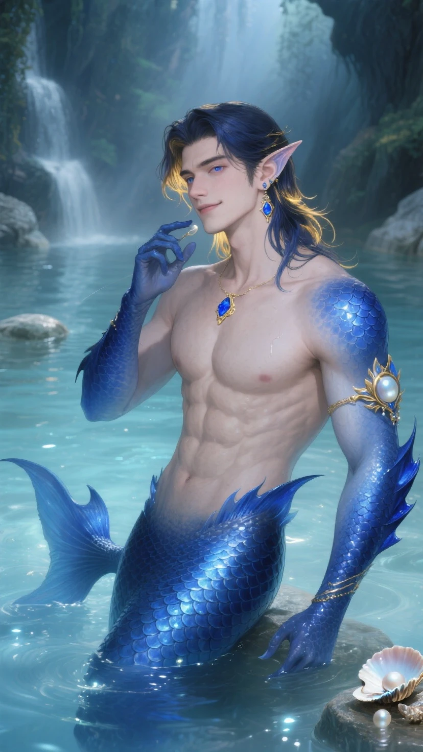 Full body standing painting,tmasterpiece,European facial features,male people,Long powder blue hair,Metal jewelry,leather clothes,The upper body is the abs of the human body,The lower body is the tail of a mermaid,scutes,