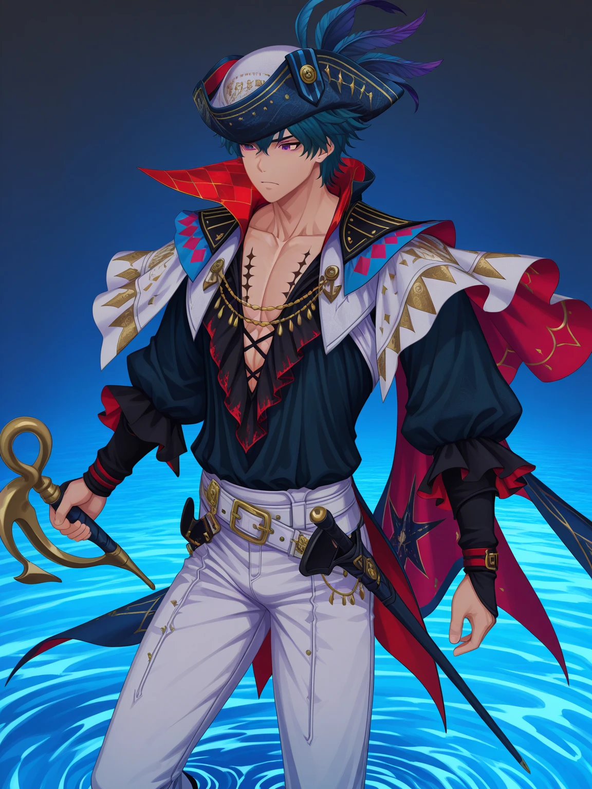 absurdres, highres, ultra detailed, HDR, master piece, best quality, detailed face, delicate features, Kuya, light-purple hair, heterochromia, left eye yellow, right eye blue, Nu Carnival, fox ears, solo, sexy man, handsome, horny, toned chest, handsome smile, fantasy pirate clothes, pirate hat, sea, beach, petals