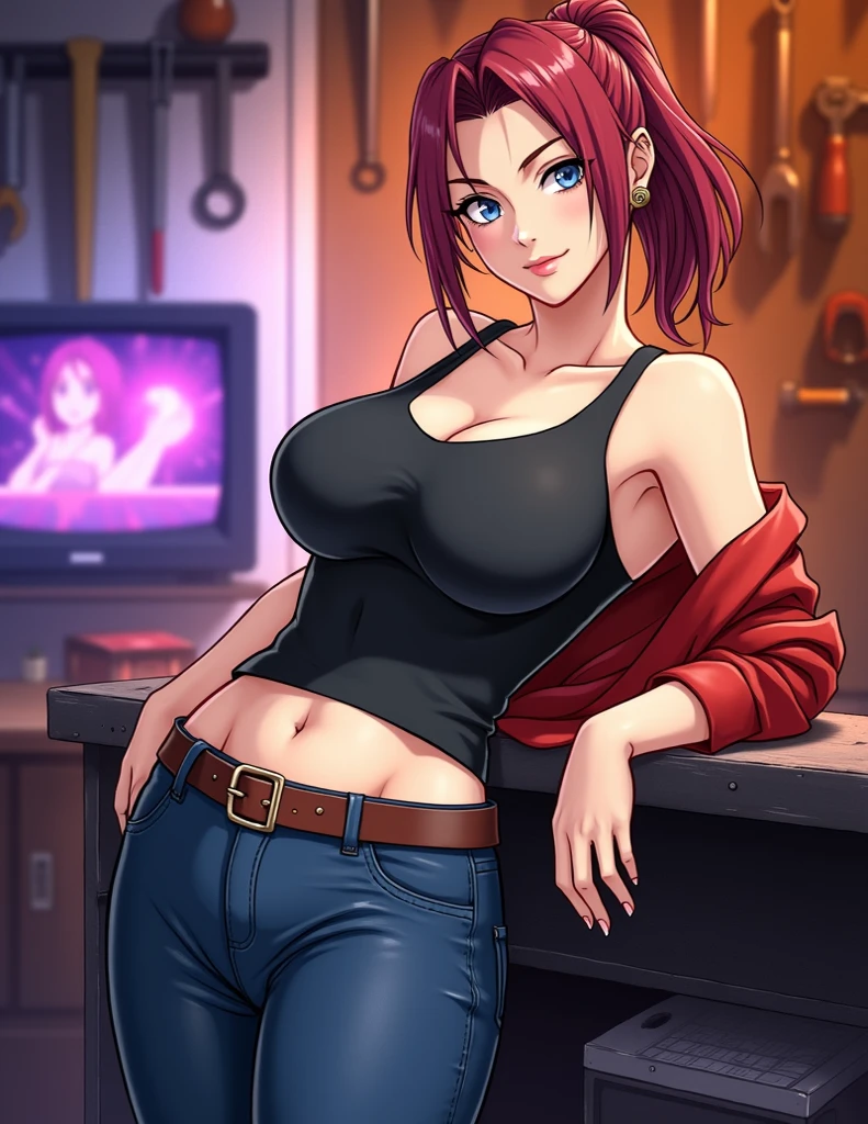 A sexy girl big breast short red hair round her blue eye wears purple corset and tight black pants big thigh
