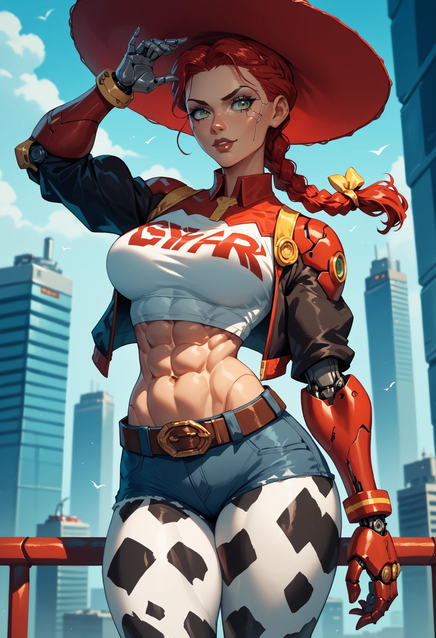 1girl, beautiful, perfect lighting, (((((Massive Female Bodybuilder))))), ((((Muscular Quadriceps)))), (gigantic breasts:1.8) (perky breastature female, milf, navel, abs,looking at viewer (masterpiece, high quality:1.1) ,cowboy hat,body freckles,barn, (((pale skin))), red hair, braids, brown short shorts, blue plaid shirt, skindentation, cleavage, grin, horses in background, sunset