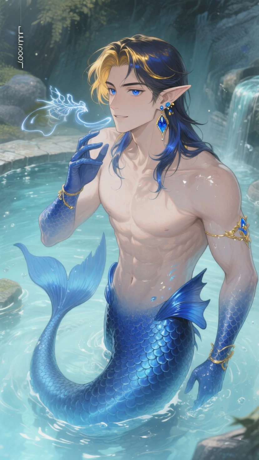 Purple-haired boy mermaid smoking hookah in the sea
