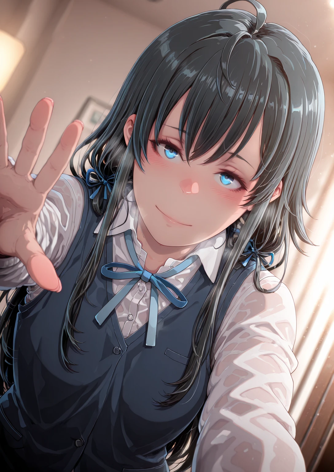 Ruberule, (anime coloring, anime screencap), shiny skin, (oosawara_sadao-style:1.8), (butcha-u-style:1.2), ((anatomical correct)), ((Cinematic, unreal engine, eye-catching, ambient occlusion, UHD, masterpiece)), ((perfect lighting, dappled sunlight, soft shadow)), perfect body, perfect eyes, perfect fingers, gasping, heavy breathing, gasping profusely, ((skindentation)), ((curvy)), yukino yukinoshita, black hair, blue eyes, long hair, ahoge, ((flat chest)), ((mature female)), plump, 1girl, solo, smile, ribbon, vest, blush, looking_at_viewer, shirt, school_uniform, long_sleeves, reaching_towards_viewer, neck_ribbon, white_shirt, nijigasaki_academy_school_uniform, blurry, blue_vest, blue_ribbon, upper_body