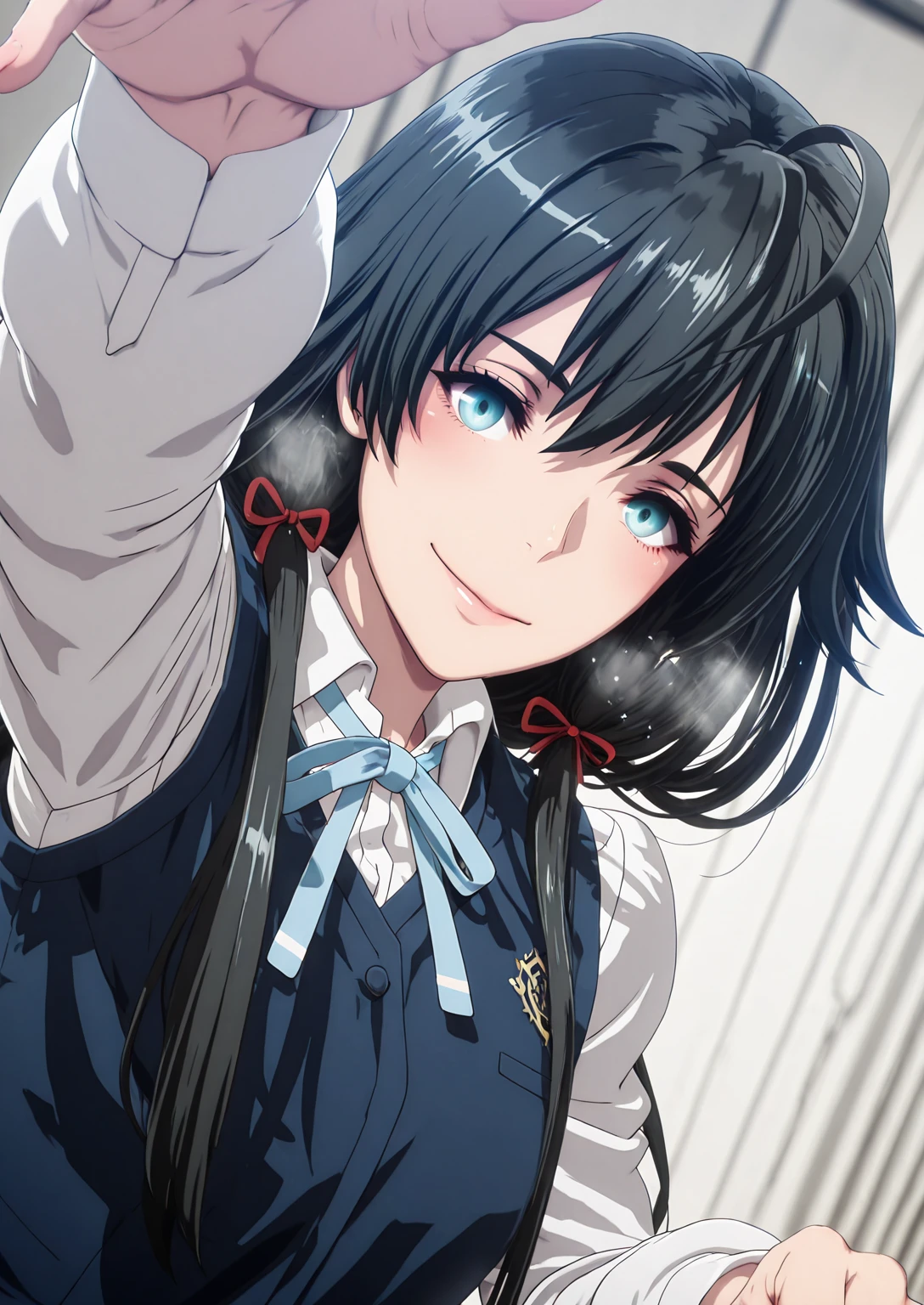 Ggstduel, (anime coloring, anime screencap), shiny skin, (shiroshisu-style:1.8), (butcha-u-style:1.2), ((anatomical correct)), ((Cinematic, unreal engine, eye-catching, ambient occlusion, UHD, masterpiece)), ((perfect lighting, dappled sunlight, soft shadow)), perfect body, perfect eyes, perfect fingers, gasping, heavy breathing, gasping profusely, ((skindentation)), ((curvy)), yukino yukinoshita, black hair, blue eyes, long hair, ahoge, ((flat chest)), ((mature female)), plump, 1girl, solo, smile, ribbon, vest, blush, looking_at_viewer, shirt, school_uniform, long_sleeves, reaching_towards_viewer, neck_ribbon, white_shirt, nijigasaki_academy_school_uniform, blurry, blue_vest, blue_ribbon, upper_body