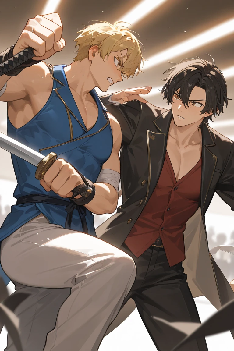A blonde man with a gangster-like appearance and a muscular black-haired man are exercising
