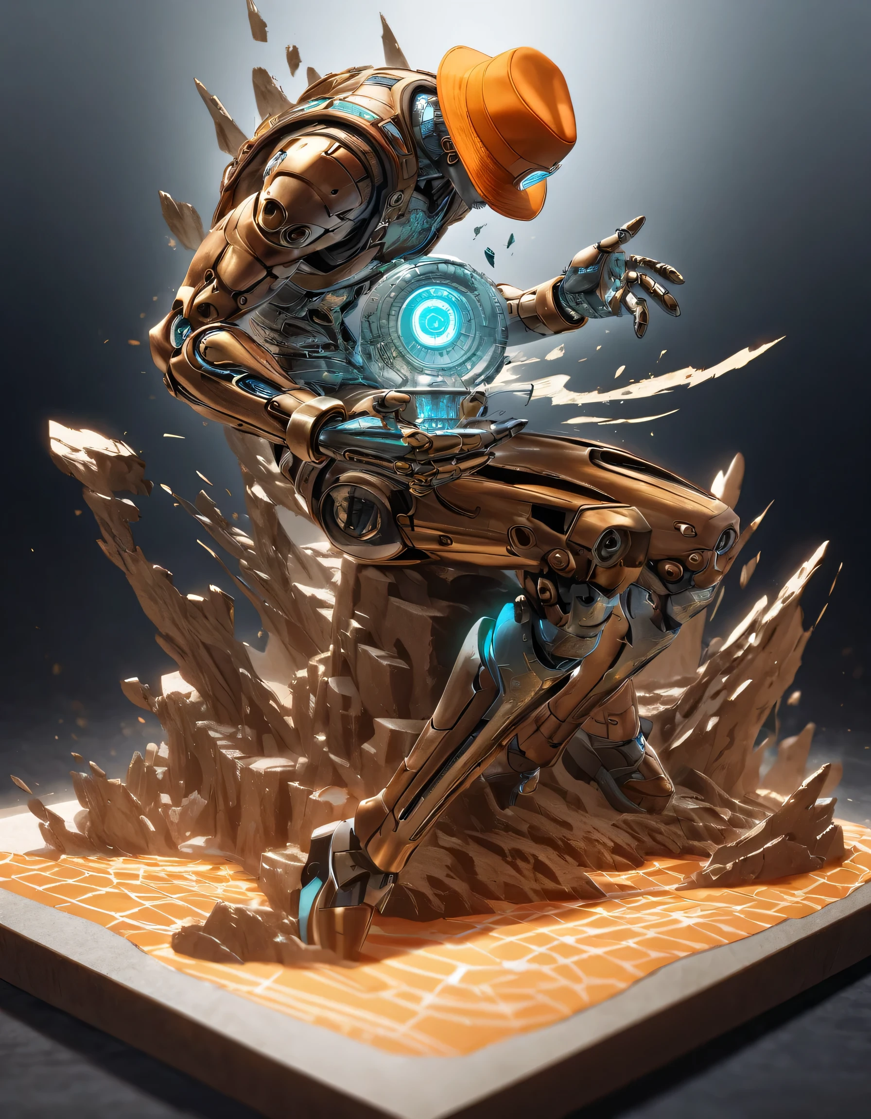 The body is in a proper position,Ultra-detailed, HDR, High Resolution, ridiculous results,Jojo's, orange frosted glass figure avatar,joints with sky blue luminous gear ring。 orange fisherman hat,hat with rotating sky blue compass。 Wear silver glitter goggles under the brim,镜片show二进制代码+Topographic map。 with inverted glass hourglass in the palm,floating broken dust。 Clear chest,built-in dynamic microtopographic projection。 back spine extending bronze tube(show"90:1")。