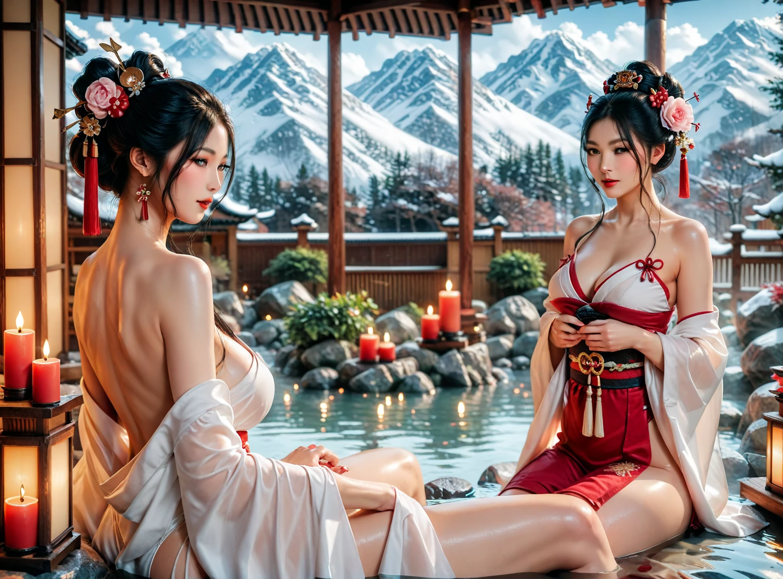 (Huge cleavage:1.2), actual, Large breasts, Huge cleavage, A sagging breast, rapeseed, 鎖骨, Lop, Japanese beautiful woman, White skin of the, mai shiranui,Beutiful women, ssmile, eyeslashes, The face is very detailed, pony tails,high volume,ssmile,nevando,snow mountains,nevando,ice mountain,snow mountains,Kneeling pose,bonfires,having picnic,Bonfire party,BBQ,Bacchus,party,BBQ,BBQ,Grilled fish,South Pole,Duan,fresh flowers