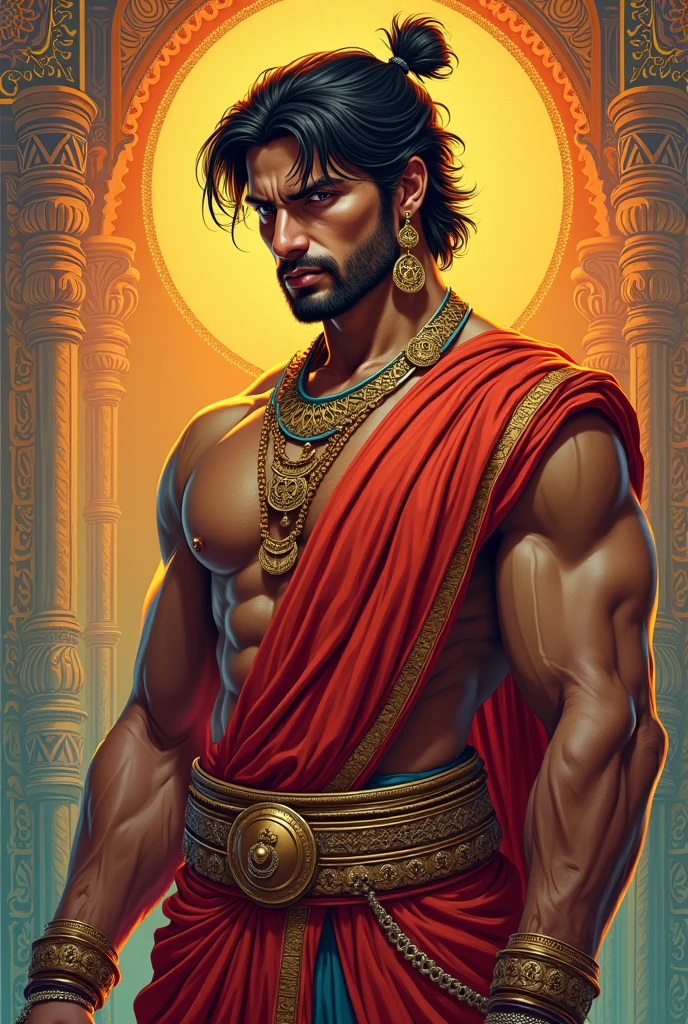 Indian warrior holding golden mirror and a bow and arrow