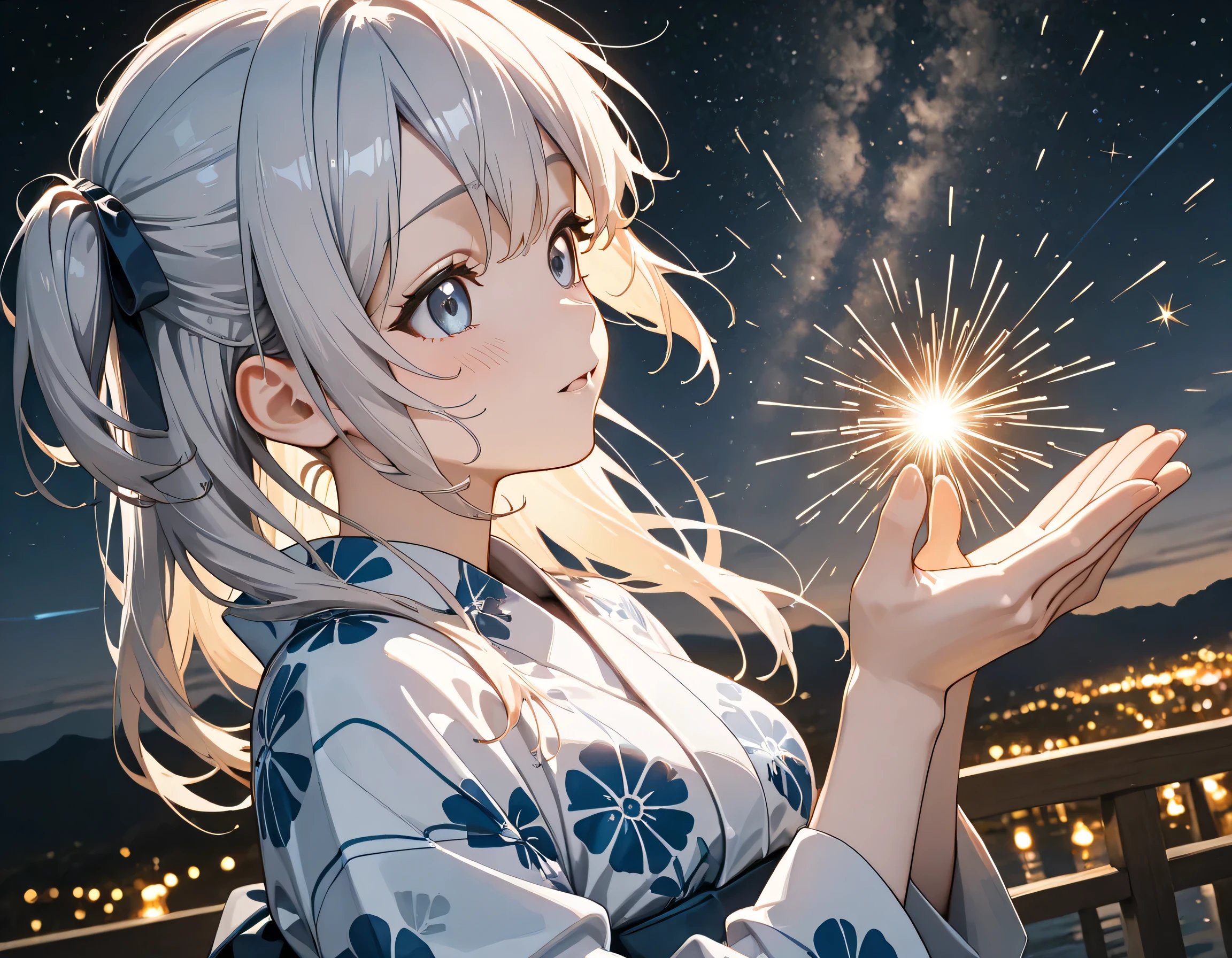 (ultra-detailed)), (highly detailed CG illustration), (best quality:1.2), ultra-highly detailed, colorful composition, artistic photoshoot, 2girls, duo focus, 2girls is Marika and Sena, Yuri:1.3, (they reach out their arms and hold hands:1.4), upper body:1.3, moe anime character, girls, dainty facial structure, baby face, round face, rounded chin:1.2, ideal ratio body proportions, BREAK
(girl A is Marika:1.2), celia-default, celia claire, blue eyes, jitome, half-closed eyes, sagging eyes, silver hair color:1.3, two side up, hair ribbon with pink, ample breasts, blue yukata clotch:1.2, gentle smile:1.3, blush:1.3, BREAK
(girl B is Sena:1.2), long hair, black hair:1.3, half updo, thick eyebrows, brown eyes, (wearing glasses:1.3), (round eyewear:1.3), pink ankle-length long furisode costume with gorgeous floral pattern:1.3, BREAK
ultra-beautiful girl, fluttering hair, best quality, masterpiece, night:1.3, Beautiful night sky:1.3, milky way background:1.4, Sparkling star, dynamic pose, from side, expecting, pink cheek, light pink gloss slip, portrait, depth of field, soft lighting, sidelighting, moonlight, lighting, caustics, ray tracing, perfect face, lustrous skin, highly detailed face, highly detailed eyes, perfect face, perfect nose, perfect hair, perfect eyes, perfect anatomy, beautiful hair, beautiful small face, extremely detailed face, beautiful detailed eyes, beautiful clavicle, beautiful body, beautiful ample breasts, leavage, breasts squeezed together, equalize the size of the left and right breasts, beautiful thin thighs, beautiful legs, beautiful fingers, 4fingers, 1thumb, lovely, (very detailed background:1.0), (highly detailed background:1.0), summer aesthetic, intricate details, universe atmosphere, summer night sky colors palette, chromatic aberration