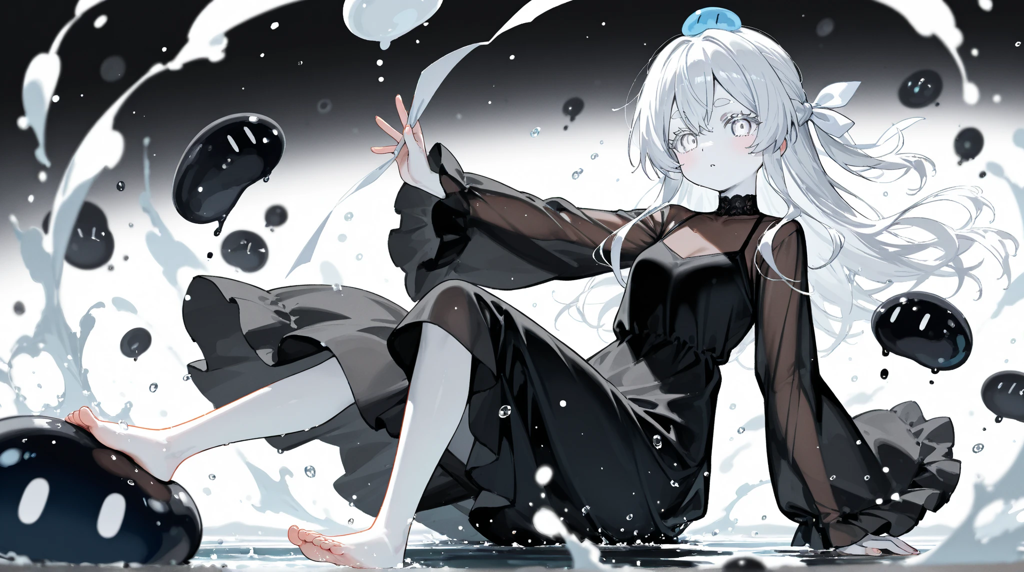 masterpiece, best quality,Illustration, Wallpaper, ultra detail, absurdres,
1girl, (mature female), solo, (liquid hair:1.2), (detailed eyes), large breasts,
(full body), long hair, bangs, white hair, black witch, bare shoulders, covered nipples, casting spell, torn clothes, torn skirt, angry,
waves, water, water drop, looking to the side, wading,
(ruins:1.3), (forest, night, blood moon) ,
<lora:LiquidHairV3(104):1> ,