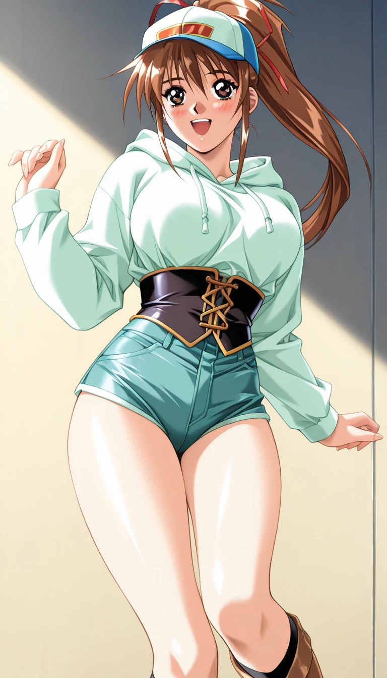 Anime girl with red hair and green top holding rope, Her navel was exposed, Clothing that exposes, beautiful alluring anime teen, seductive anime girls, touching her clothes, asuka suit under clothes!, nami from one piece, hands behind her body pose!, beautiful and seductive anime woman, Fully clothed. painting of sexy, ecchi anime style, attractive anime girls