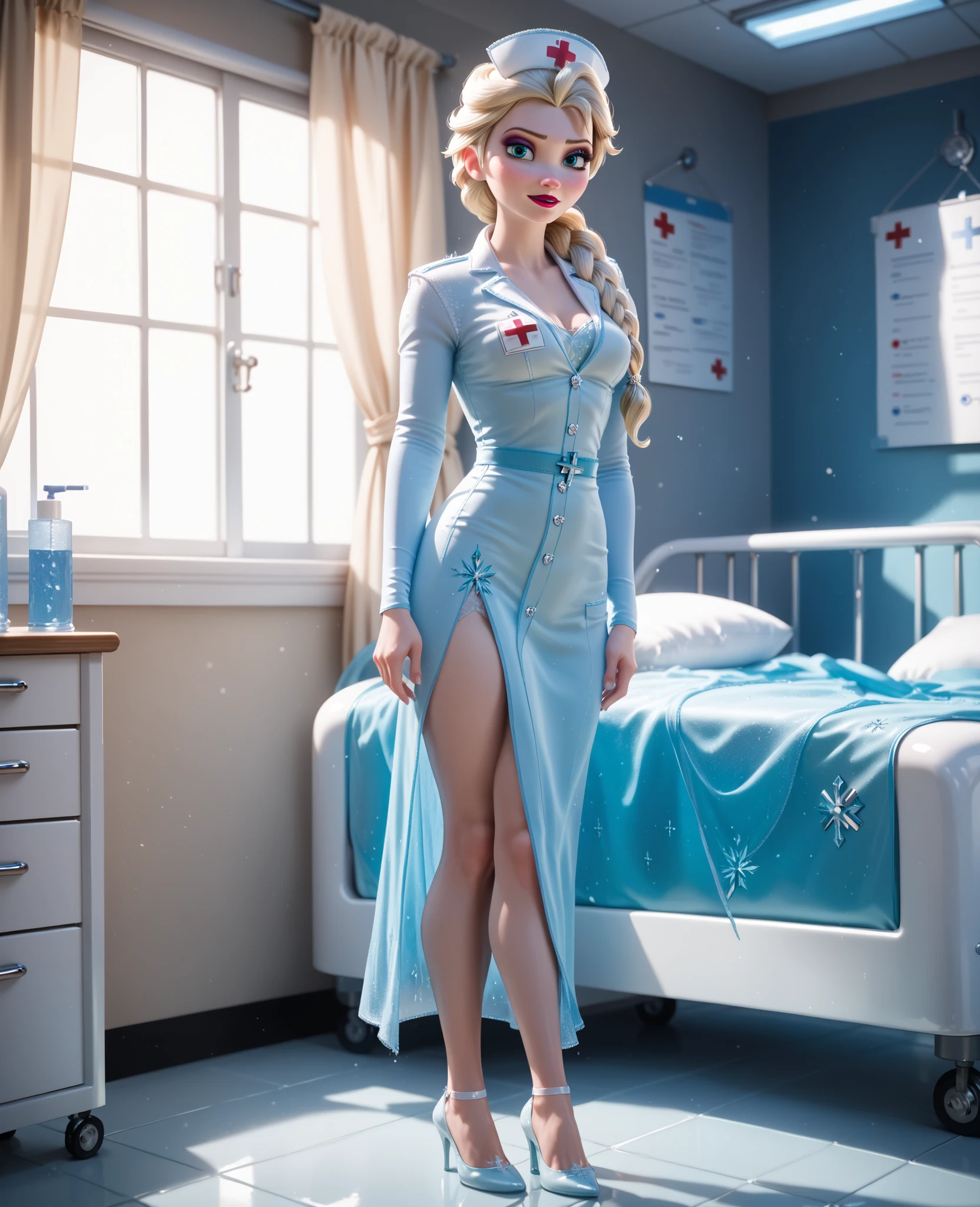 score_9, score_8_up, score_7_up, (vivid_color, cinematic, hight_quality), BREAK,
1girl, elsa \(frozen\), blonde hair, hair over shoulder, long hair, single braid, blue eyes, makeup,nurse outfit,
full body, standing, sexy pose, solo, looking at viewer, hospital room