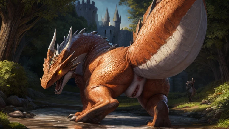 ultra-detailed, masterpiece, masterwork, high quality, best quality, hdr, (nature), posted on e621, (by darkgem ), nsfw, male, solo, ((nude, foreskin, perfect balls,)), (red body dragon), dragon, (white body), (yellow eyes), standing, from below, dynamic angle