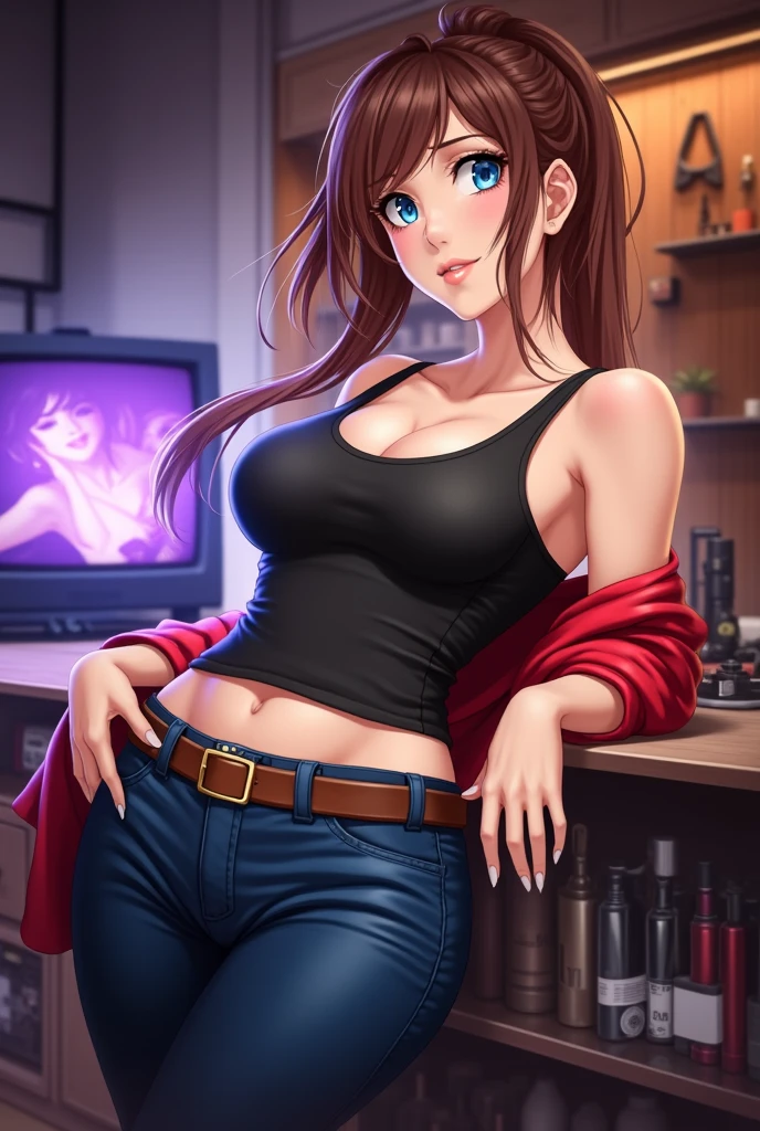 full body shot, thick auburn hair, crystal blue eyes, open mouth smile, aroused 25 years old, playfully aroused, dripping with desire, cleavage, low cut spaghetti strap tank top , shorts, slim waist, standing stretching, coy smile with open parted lips, (blushing:1.3), looking invitingly at the viewer, seductive eyes, facing the viewer, livingroom background, posing by the sofa, (pov), glowing eyes, necklace, earrings, nsfw,