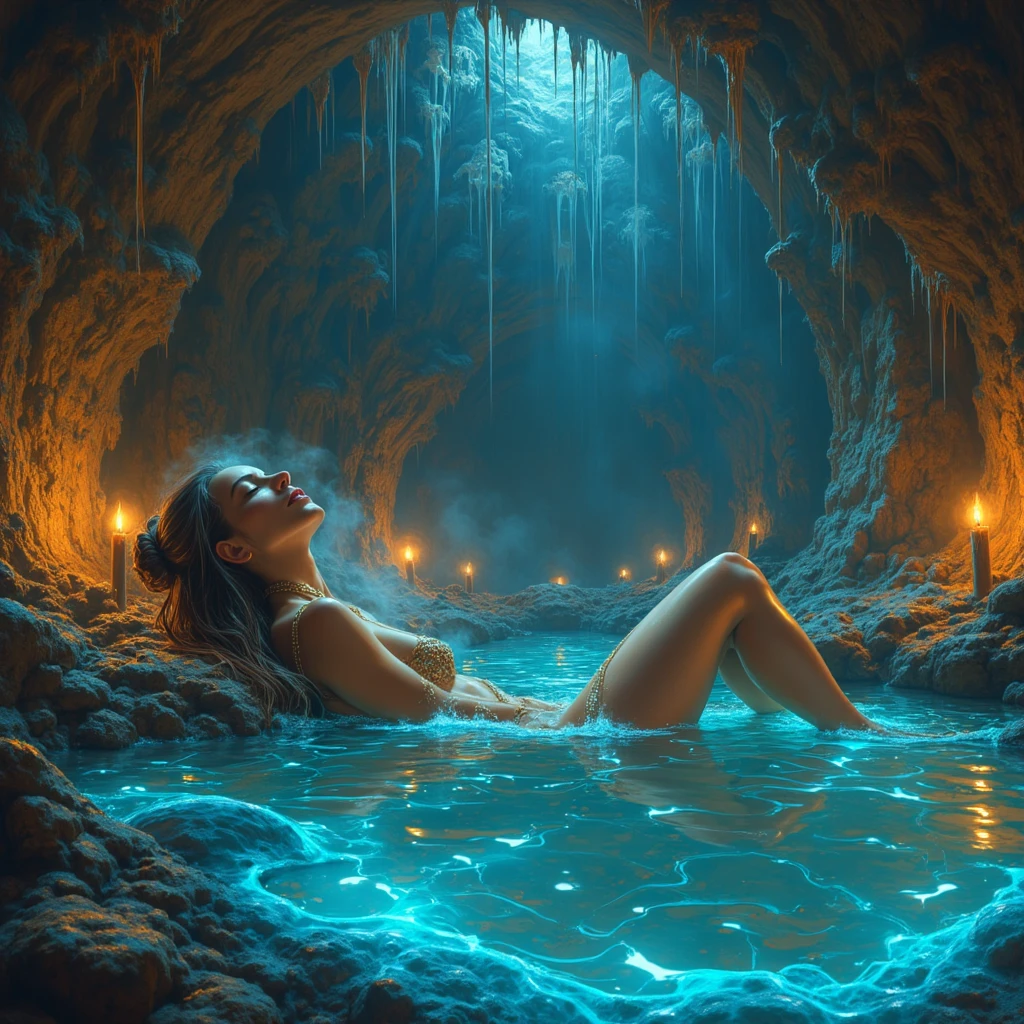(masterpiece, high detail, high resolution, art style by Greg Rutkowski, depth of field), (one woman, a ((fully naked)) warrior woman ((sitting in shallow water)), alone in a ((dark cave))), (tending to her bleeding wounds), she's removing her cloak, view from behind, attentively observing her surroundings), (background: dark narrow cave tunnel), sideboob, (large white cloak billowing dramatically in the wind at her back), visible muscles, sculpted body, strong arms, strong legs, brown skin, battle scars on entire body, ((dirty skin with sweat streaks)), (thick rusty paint hair: 1.8), sensual, (small breasts: 1.9), (small butt: 1.9), ((strong body)), full body view, ((dark background:1.4)), (inside a cave background), (stern facial expression), relaxed, detailed, (volumetric, level difference detail), dusty atmosphere, backlight, contour light, ((pile of clothes on the ground beside her)), strong but seductive, (((alone))), washed out colours