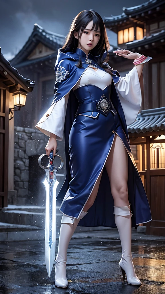 (RAW shooting, Photoreal:1.5, 8k, highest quality, masterpiece, ultra high resolution), perfect dynamic composition:1.2, Fight:1.2, いたるところで燃え上がる戦fire:1.3, Highly detailed skin and facial textures:1.2, Glamourous female ninja with a sharp dagger:1.3, beautiful and aesthetic:1.2, sexy beauty, perfect style, belief, Strong-willed, revenge, Fair skin, very beautiful face, (large breast, Chest gap), (wearing a sexy ninja costume:1.2, off shoulder:1.1), (beautiful red eyes, Eyes that feel beautiful eros:0.8), (Too erotic:0.9, Bewitching:0.9), (full body photo:1.2), (perfect limbs:1.2), (perfect fingers:1.2),(ragnarok_ninja:1.2),(short hair:1.2),