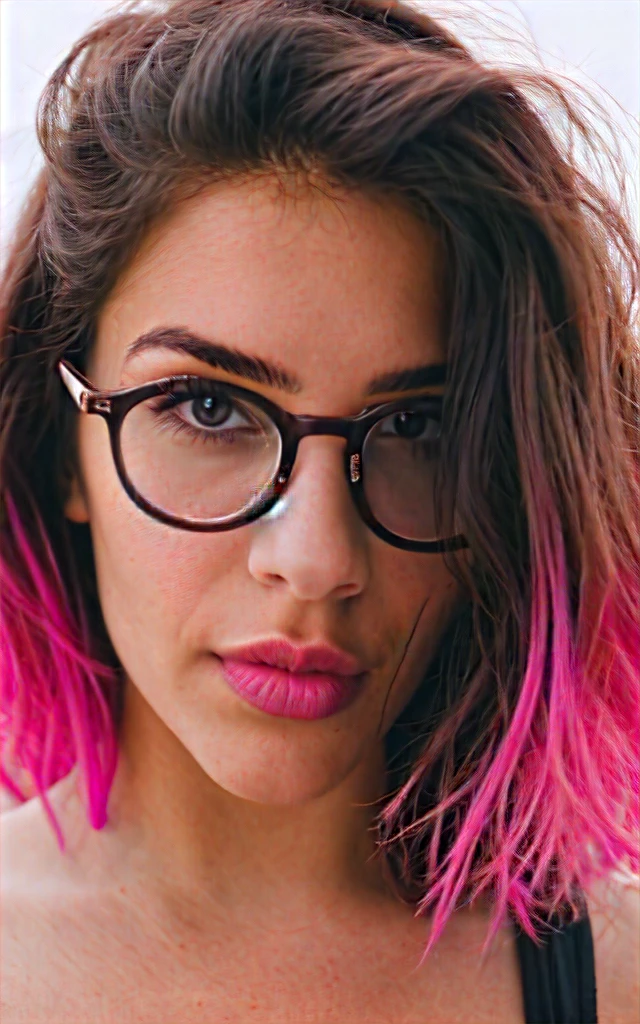 8-bit style tanned with brown hair with pink highlights and wearing round glasses