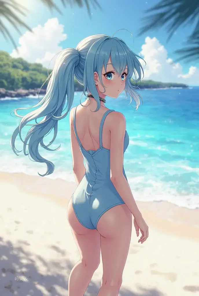(Best Quality,High resolution,8K,finelity detailed background,Masterpiece:1.2),beautiful girl,Shiny light blue hair,messy hair,Light blue eyes,Gentle look,A refreshing look,Best quality,Best Quality,Aesthetic and aesthetic:1.2,Best details((Super detailed))(High-definition CG illustrations),Swimwear,Slender body,Light of the sun,Ocean,Sandy Beach,smile,blush,cute,Scrounge,Looking up,Being spoiled,super model,shoot from below