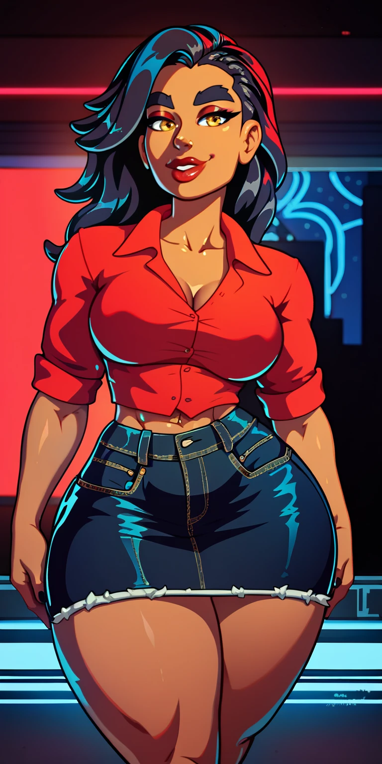 trans Male to female, plump pursed lips, freckles, long curly ginger hair with bangs, crystal blue eyes with smoky eye shadow and black eyeliner, black semi-matte lipstick, pale to showing ass, flirty smug smile, denim shorts, big butt