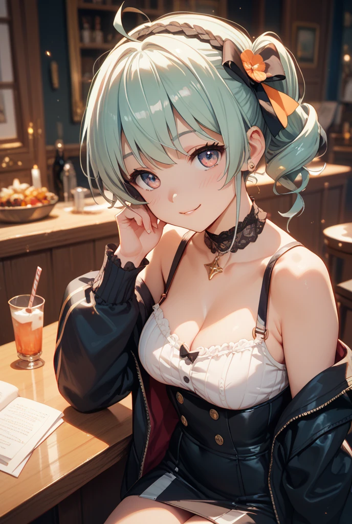 Anime Moe Art Style,highest quality,High resolution,Anatomically correct,One Girl,Mid-teens,A girl with light blue hair in a ponytail,Super detailed,Fantasy-style world,Off-the-shoulder tops,mini skirt,Big Breasts,A rich expression,Laughing with your mouth open,Tavern,Sitting at the counter,Eyes drawn in detail,hair ornaments,necklace,bracelet,ring,8K