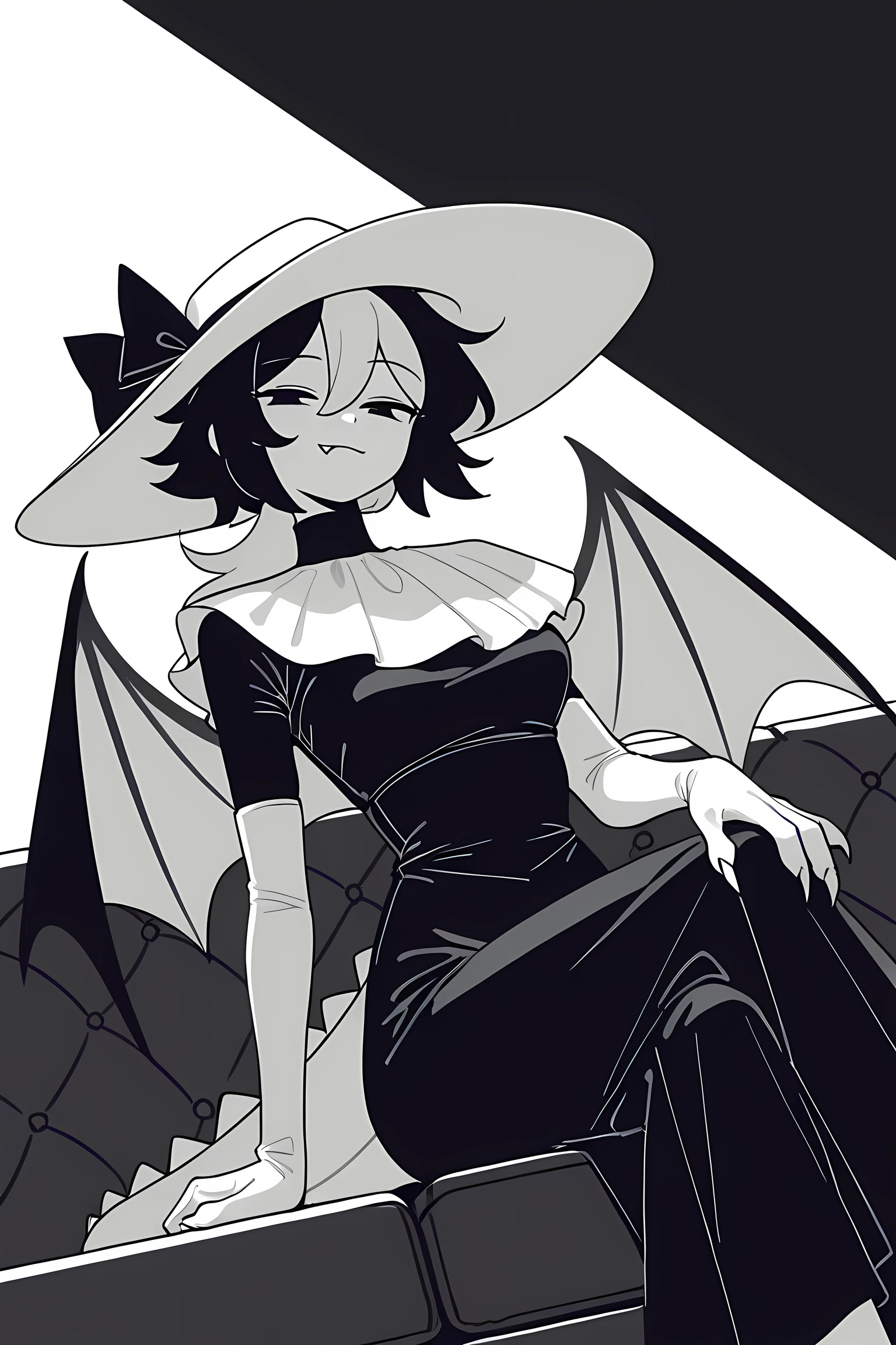 masterpiece, best quality, newest, highres,very aesthetic, absurdes, beautiful, high contrast, flat colours, ZipFPE, 1girl, solo, medium hair with ponytail, black and white hair, claws, fang, dragon tail, dragon wings, wide brim hat, white hat, floppy hat, black ribbon bow, elegant dress, black dress, single strap clothing, white gloves, elbow gloves, elegant pose, tilted head, looking down, graceful pose, high class fashion, sitting on couch, victorian furniture, hand on hat, crossed legs, dynamic angle, dark background, high contrast, spotlight effect, cinematic lighting, BREAK grayscale, monochome,