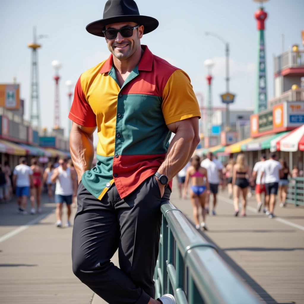 Make a 25 year old man out of 1.70 tall ,with an athletic physique with strong arms and defined chest , entire left arm with Samoan tattoos , long light brown hair with a smile , black pants and red tennis shoes , in the background that he is walking in the rain on the Santa Monica Pier Route 66, very light brown loose hair, White skin , eyes the color of honey , of mexican traits from cdmx , Make it look good that you are in Santa Monica , and the defined rain can be seen well , no shirt , and with a watch on his right arm , very handsome, remember white skin, and on his side a person of 1.93 cm tall with the same description but with short hair , and in the middle of them a woman with good blonde curves and a good butt and small bust